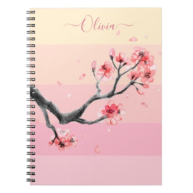 Caderno Espiral Bloqueio cor-de-rosa com flor de cereja (Frente)