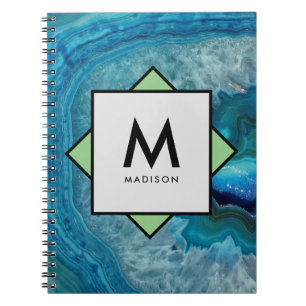 Caderno Espiral Blue Agate Geode com seu nome e monograma em