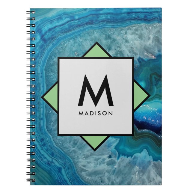 Caderno Espiral Blue Agate Geode com seu nome e monograma em (Frente)