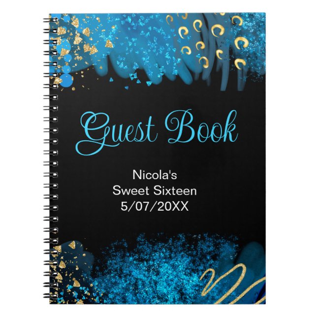 Caderno Espiral Blue Alcohol Ink Sweet 16 Birthday Guest Book (Frente)