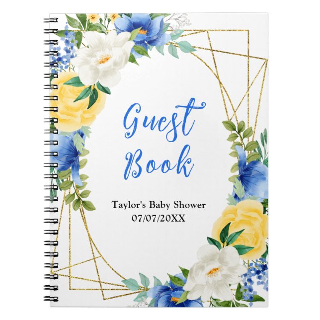 Caderno Espiral Blue and Yellow Floral Baby Shower Guest Book (Frente)