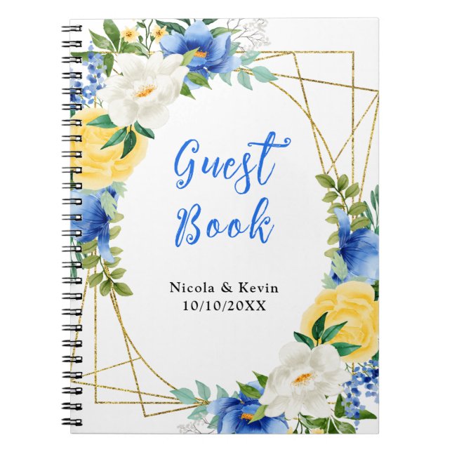 Caderno Espiral Blue and Yellow Floral Wedding Guest Book (Frente)