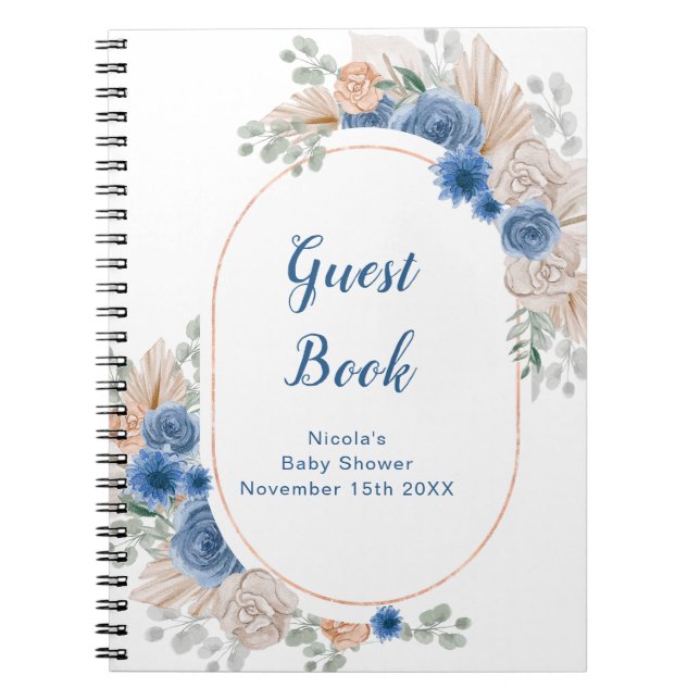 Caderno Espiral Blue Boho Pampas Grass Baby Shower Guest Book (Frente)