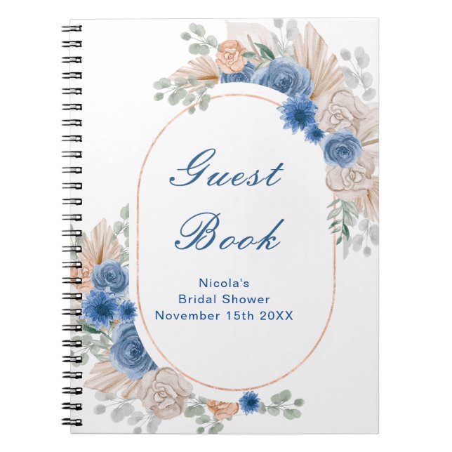 Caderno Espiral Blue Boho Pampas Grass Bridal Shower Guest  (Frente)