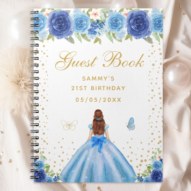 Caderno Espiral Blue Floral Brown Hair Princess Guest Book (Criador carregado)