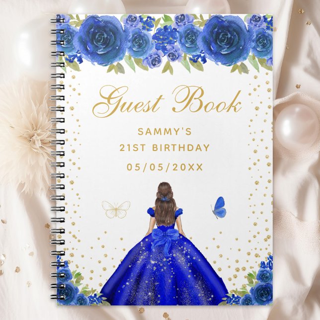 Caderno Espiral Blue Floral Brunette Hair Princess (Criador carregado)