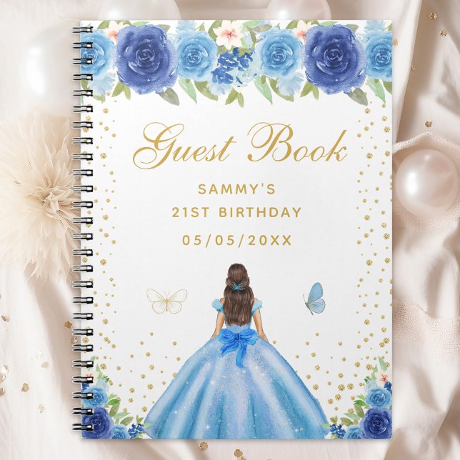 Caderno Espiral Blue Floral Brunette Hair Princess (Criador carregado)