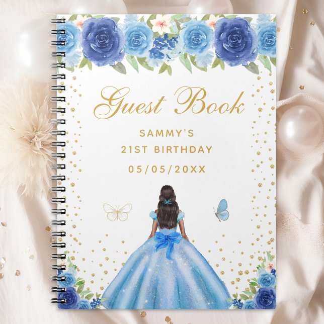 Caderno Espiral Blue Floral Dark Skin Princess Guest Book (Criador carregado)