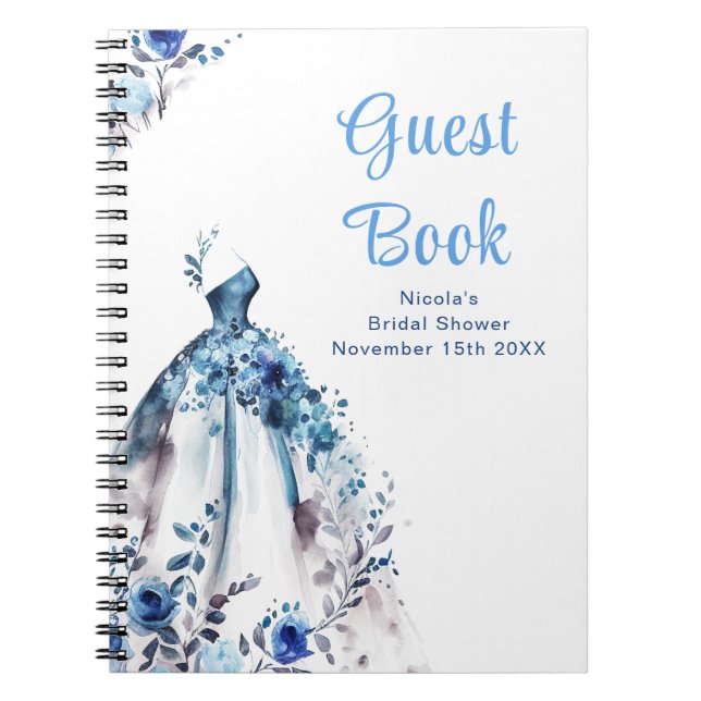Caderno Espiral Blue Floral Dress Bridal Shower Guest Book (Frente)