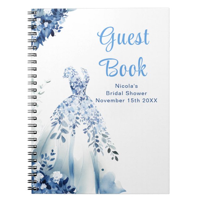 Caderno Espiral Blue Floral Dress Bridal Shower Guest Book (Frente)
