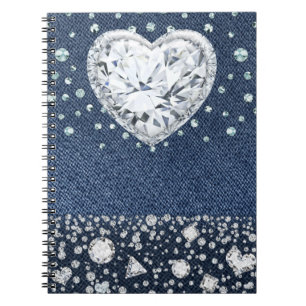 Caderno Espiral Blue Jean Denim & Diamantes Brilho Coração de Diam