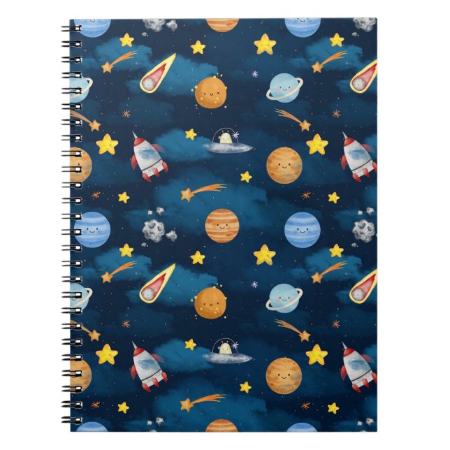 Caderno Espiral Blue Outer Space Planets Seamless Pattern (Frente)