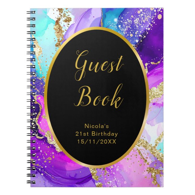 Caderno Espiral Blue, Purple and Gold Birthday Party Guest Book (Frente)