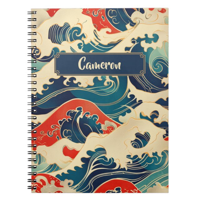 Caderno Espiral Blue Red White Ocean Wave Traditional Art (Frente)