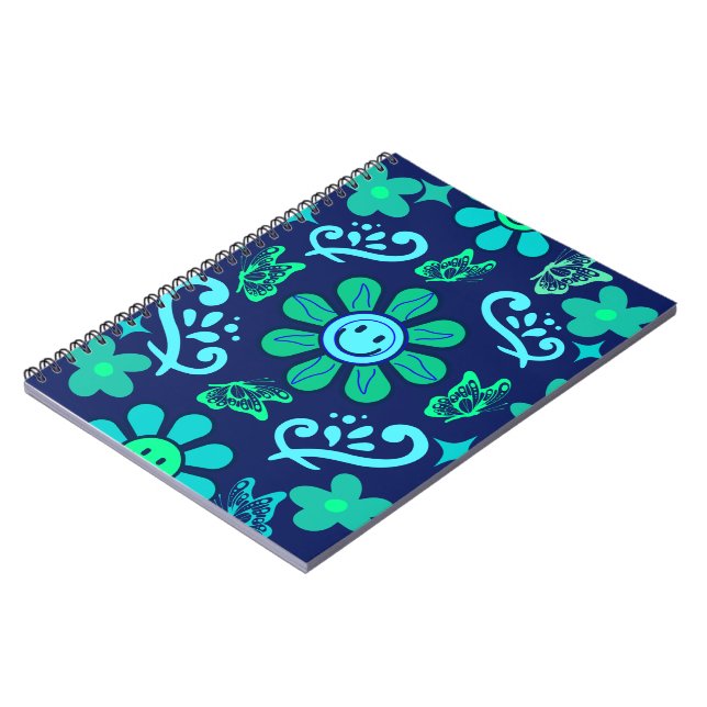 Caderno Espiral Blue Retro Style Floral and Sun Symbol Pattern (Left Side)
