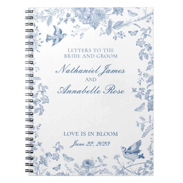 Caderno Espiral Blue Toile De Jouy Wedding Letters Bride e Groom (Frente)