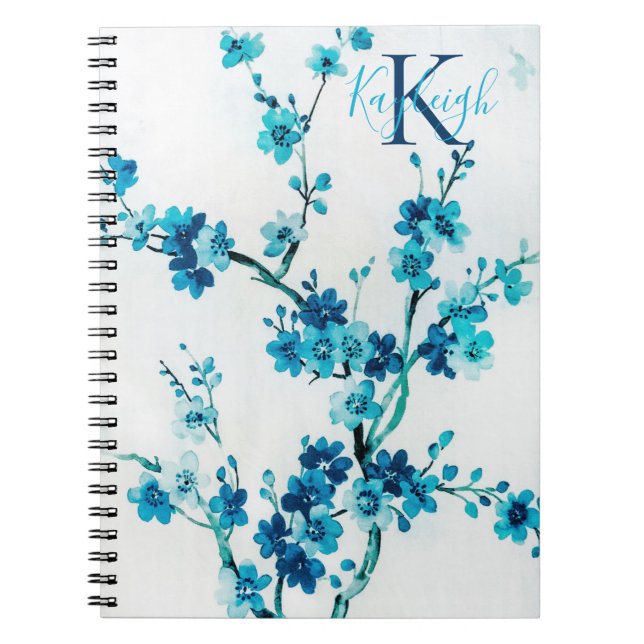 Caderno Espiral Blue Watercolor Blooms | Monograma (Frente)
