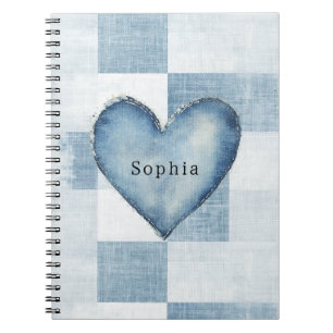 Caderno Espiral Blue White Denim Jean Heart Personalization Name