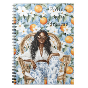 Caderno Espiral Blue White Sicilian Summer Black Hair Girl Floral