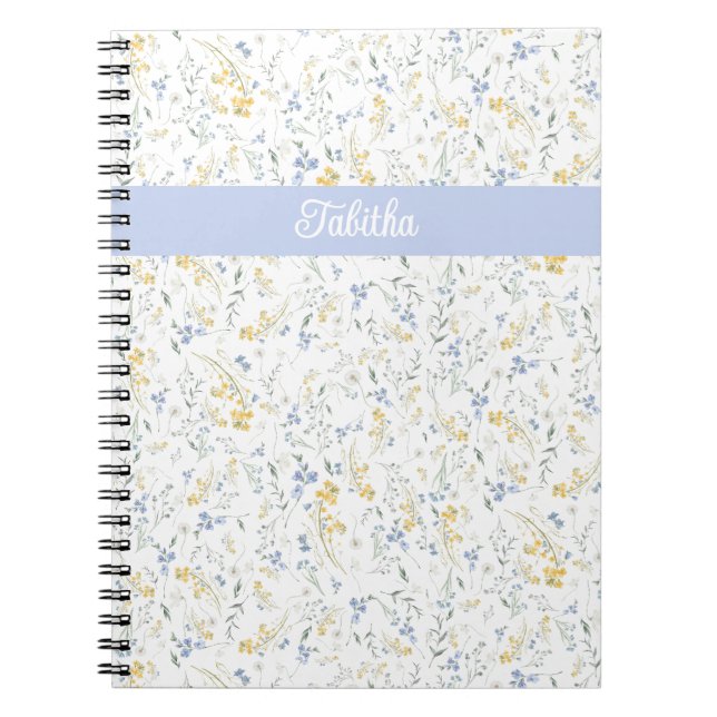 Caderno Espiral Blue Yellow Wildflower Pattern Custom Name (Frente)