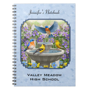 Caderno Espiral Bluebird Goldfinches Flor Garden Fountain Blue