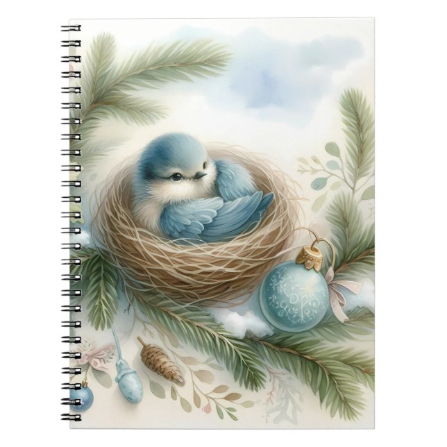 Caderno Espiral Bluebird Nest with Ornaments in Winter Pines  (Frente)