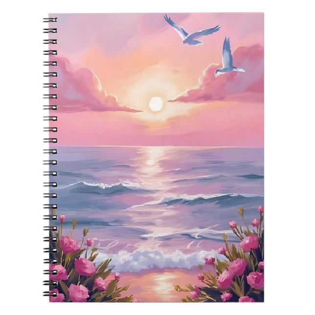 Caderno Espiral Blush Beach | Pink Ocean Sunset Coastal Watercolor (Frente)