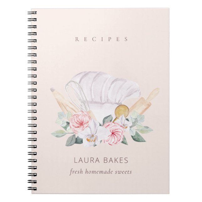 Caderno Espiral Blush Chef Hat Cookbook Cilindro Floral Whisk Rece (Frente)