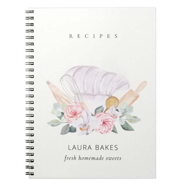 Caderno Espiral Blush Chef Hat Cookbook Cilindro Floral Whisk Rece (Frente)