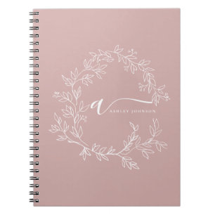 Caderno Espiral Blush Dusty Pink Modern Script Girly Monograma Nom