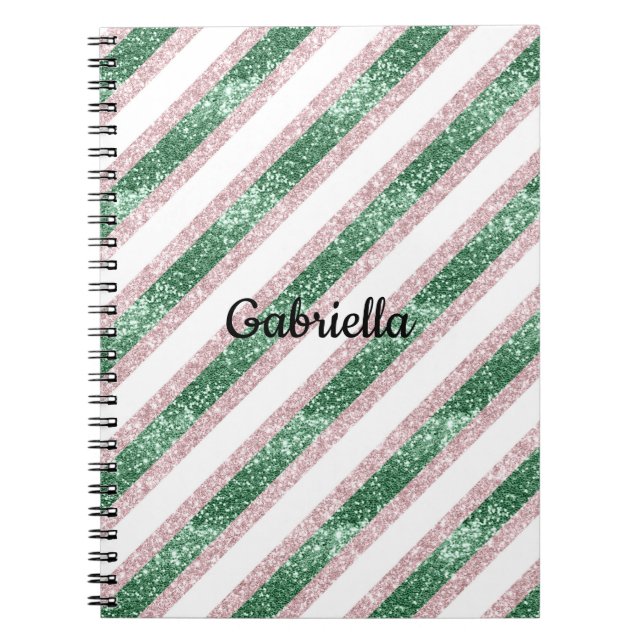 Caderno Espiral Blush Pink Green Glitter Stripes (Frente)