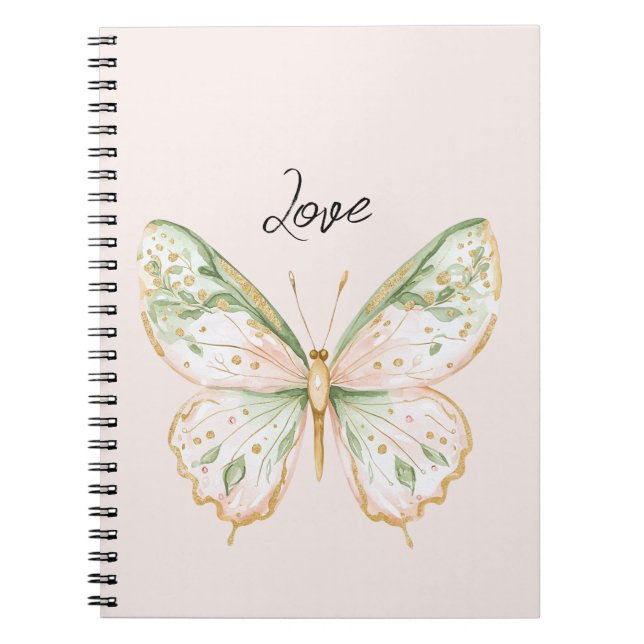 Caderno Espiral Blush Pink Mint Green Gold Butterfly Love (Frente)