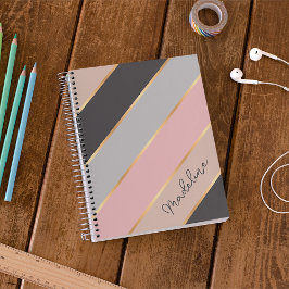 Caderno Espiral Blush Rosa Bege Cinza Listra Personalizado