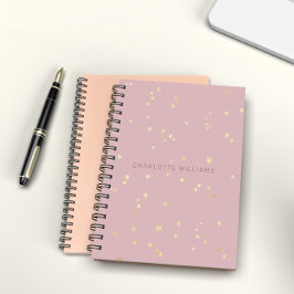 Caderno Espiral Blush Rosa e Estrelas Douradas Monograma Personali
