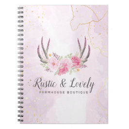 Caderno Espiral Blush Rosa Mármore Dourado Floral Rústico Galhadas