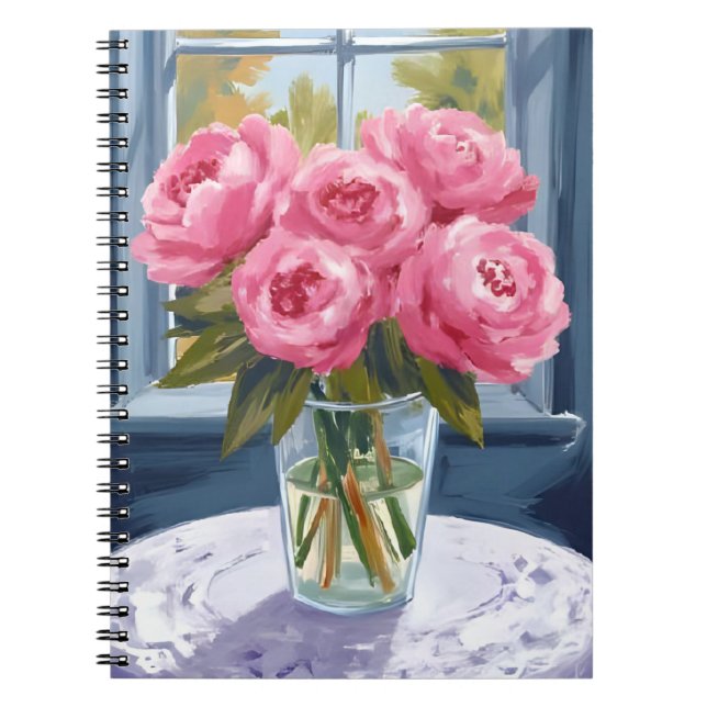 Caderno Espiral Blushing Peony Bouquet | Pink Flower Painting (Frente)