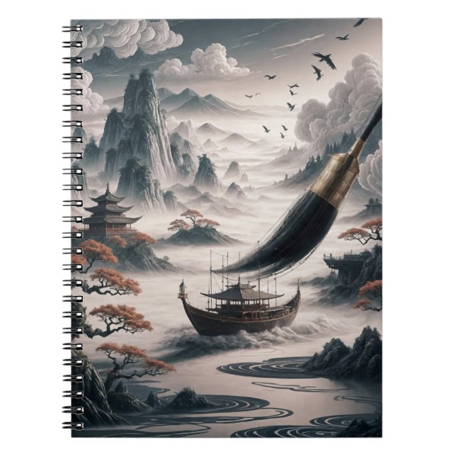 Caderno Espiral  Boat landscape ocean view poetic  art (Frente)