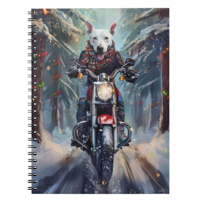 Caderno Espiral BoBull Terrier Dog Dirigindo motocicleta Natal (Frente)