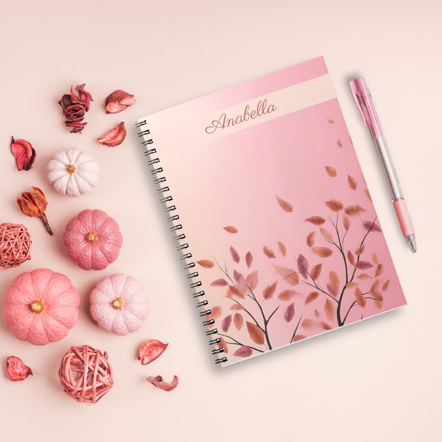 Caderno Espiral Boho Autonário Rosa Deixa nome personalizado (Boho Autumnal Pink Leaves custom name Notebook)
