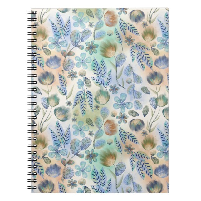 Caderno Espiral Boho Blue Green Whimsical Floral Botânico (Frente)