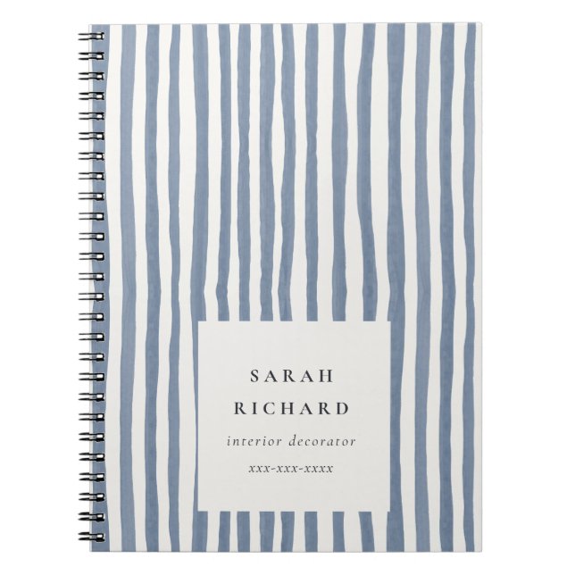 Caderno Espiral Boho Chic Azul Água-forte Desenhado à Mão Listras (Frente)