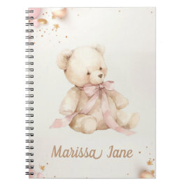 Caderno Espiral Boho Chic Rosa Pastel e Urso de Pelúcia Marrom