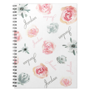 Caderno Espiral Boho Chic rosa Watercolor florals repetido NamE