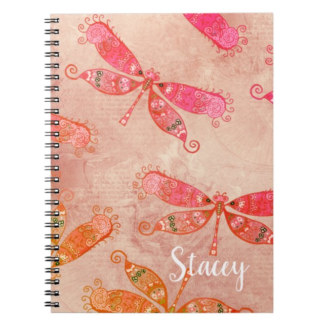 Caderno Espiral Boho Dragonflies em rosa (Frente)