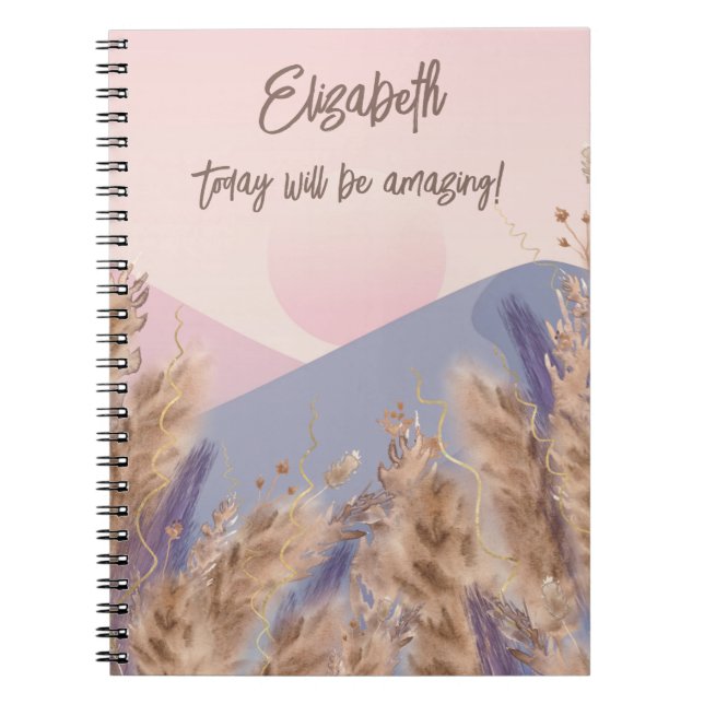 Caderno Espiral Boho Elegante Pastel Pampas Grass Natureza Rosa-Ro (Frente)