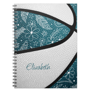 Caderno Espiral Boho esportes de rabanete teal white basquete