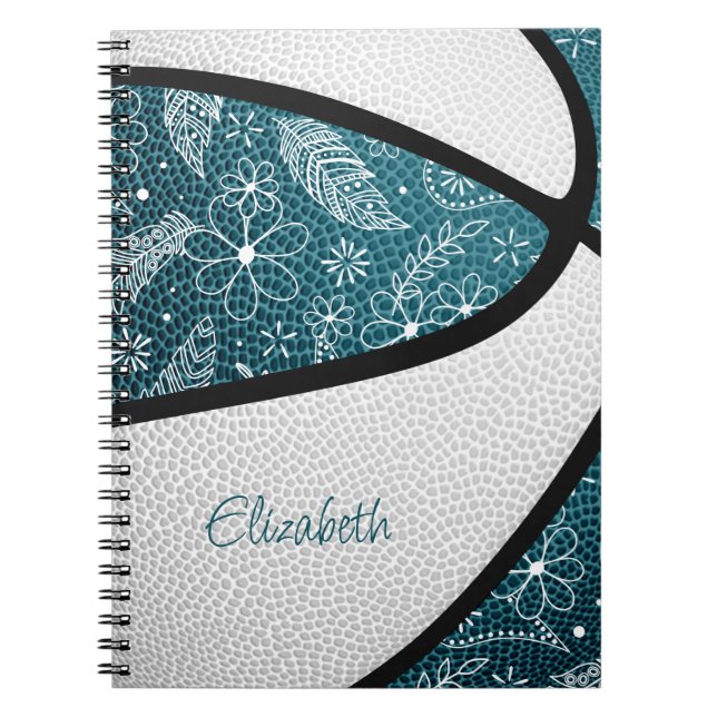 Caderno Espiral Boho esportes de rabanete teal white basquete (Frente)