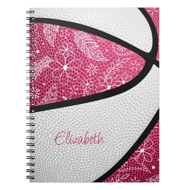 Caderno Espiral Boho esportes de rabo penas de basquete branco ros (Frente)