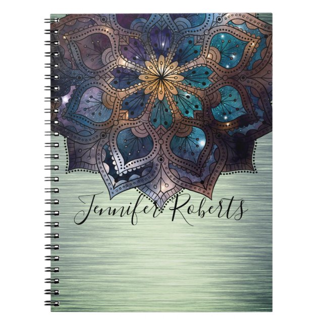 Caderno Espiral Boho Floral Azul Dourado Mandala Chic Metálico Ver (Frente)