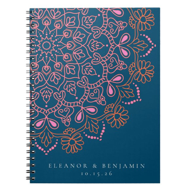 Caderno Espiral Boho Floral Mandala Teal Blue Elegante Casamento (Frente)